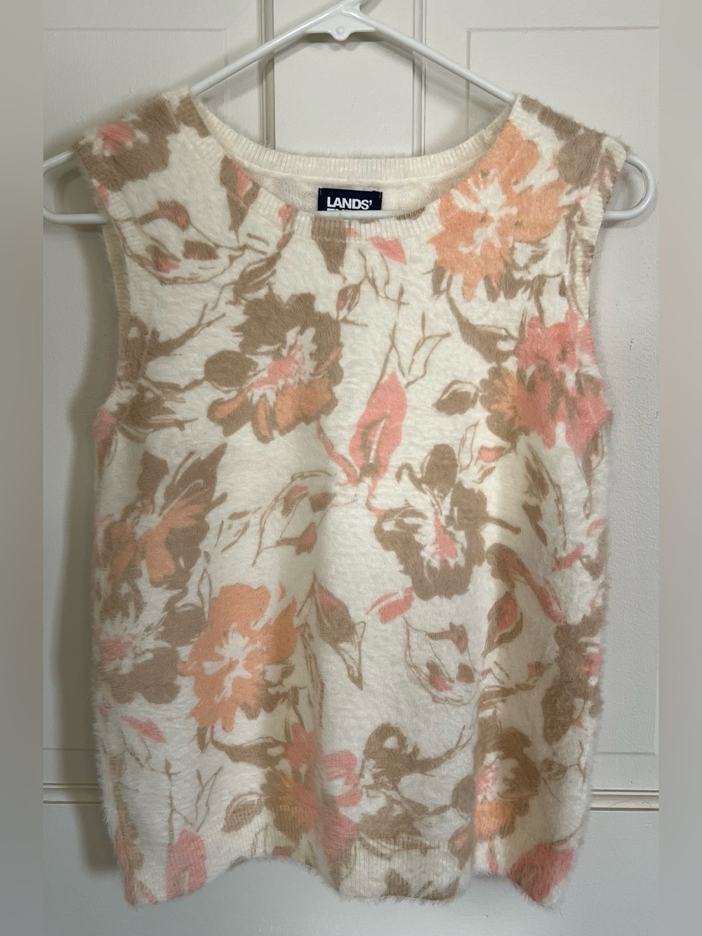 Lands' End Cream Floral Sleeveless Knit Tank with Pink and Tan Blooms